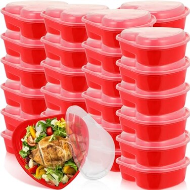 Layhit 30 Pcs Valentines Day Heart Containers Plastic Food Storage Containers with Lids Heart Shaped Disposable Dessert Lunch Box for Kitchen Restaurant Fruit Vegetable Red28 oz
