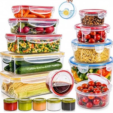 RFAQK 28 Pcs Food Storage Containers with Airtight Lids85OZ to 12OZ 14 Clear Plastic Containers with 14 LidsLarge Meal Prep Fruits Containers for KitchenFreezerMicrowave and Dishwasher Safe