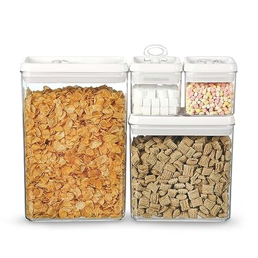 Felli Flip Tite Storage Container with Lid 4 RECTANGULAR Air Tight Ring Flip Top Stackable Acrylic Canister for Kitchen Counter Pantry Cereal Granola Pasta Spice Christmas Gift 4pk Variety