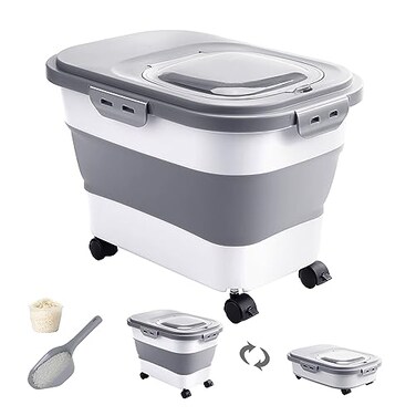 DDMOMMY 2030 Lbs Rice Storage ContainerCollapsible Food Storage Containers with Rolling Wheel Airtight Locking LidFlour Storage Container with Cup and ScoopSuitable for FoodRicePet FoodFlour