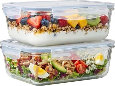 Le'raze 4pc Set 8 Cup64oz Large Glass Food Storage Containers with Lids Airtight Meal Prep Container with Lid Lock Freezer Microwave Oven Safe Clear Lunch Bowl Stackable Baking Pantry Organizer 2Pack