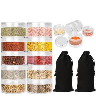 FWUNYVN 2 Sets 5 Layers Clear Portable Travel Spice Jars Multi Camping Spice Containers with Organizer Bag Stackable Spice Salt and Pepper Set for Outdoor Cooking Camping Traveling Barbecuing