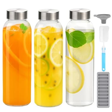 Zukro Glass Water Bottles with Lids 24 oz 3 Pack Reusable Juice Bottles With Stainless Steel Airtight Cap for Juicing Leak Proof Clear Drinking Jar Beverage storage container for Fridge BPA Free