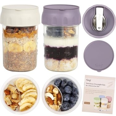 SOLIGT 2 Pack Overnight Oats Containers with Lids Folding Spoons and Divided Compartments for Fruit Nuts Small Glass 16oz Mason Jars for Oatmeal Yogurt Parfait