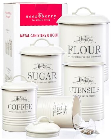 noonberry Kitchen Canisters for Countertop 5Piece Airtight Flour Sugar Coffee Tea Kitchen Canister Set with Utensil Holder Sugar and Flour Containers for Kitchen Counter CreamWhite Finish