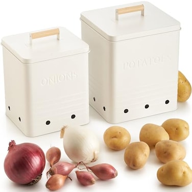 ZICOTO Beautiful Potato and Onion Storage Container Set 101 89 Perfectly Sized Spacious Canisters For Your Kitchen Counter Or Pantry Food Safe Metal Bins Keep Produce Fresh Longer