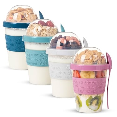EYNEL 4 Pack Reusable On The Go Yogurt Parfait Cups Breakfast Plastic Containers with Lids and Spoons Perfect Jars for Overnight Oats Cereal Granola Oatmeal Smoothies and Snack Prep