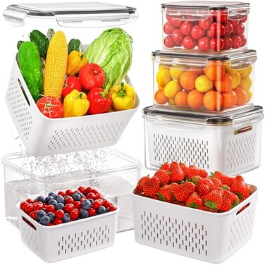 Winproper 4 PCS Fruit Storage Containers for Fridge Produce Containers for Fridge with Removable Colander AllInOne Fruit Washing Bowl with Strainer MicrowaveDishwasher Safe for Salad Berry Lettuce Kee
