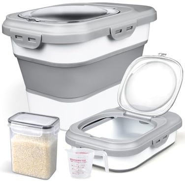 Komzon Rice Storage Container Collapsible Airtight Food Storage Containers 620 Lbs Rice Dispenser with Measuring Cup and Small Bin for Flour Cereal Pasta Grain Cat Pet Dog Bird Food Container