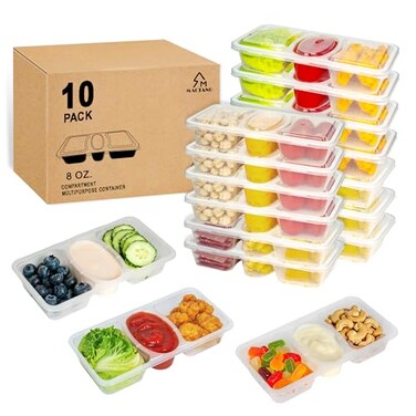 MACTANO 8 OZ Reusable Snack Containers with Lids New 3 Compartment Condiment Snack Pack Containers 10 Sets