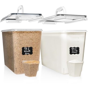 Shazo 2 PC 11L 372 oz Flour Sugar Storage Containers with Easy Carry Handle Plastic Extra Large Food Storage Containers with Lids for Rice Cereal BPA Free Airtight Kitchen Pantry Organization