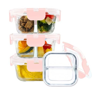 Nafhone Bariatric Meal Prep Containers 8 oz Bariatric Portion Control Food Storage Containers with Two 4 oz Compartments 3 Pack Reusable Glass Snack Containers with BPA Free Airtight Lids Pink