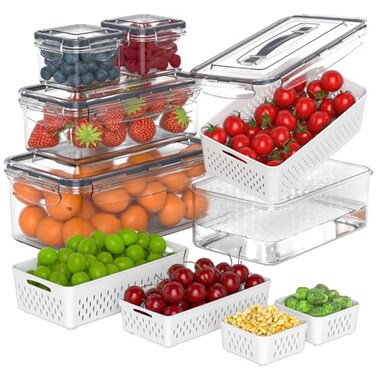 Anysig 5 Pcs Fruit Storage Containers For Fridge with Removable Colander and Handle Lid Refrigerator Organizers and Storage Airtight Container to Keep Berry Fruit and Vegetable Fresh Longer Dishwasher