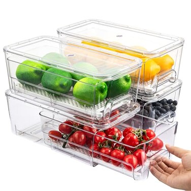 Imncya 4 Pack Fridge Organizer Drawers Bins Clear Stackable Pull Out Refrigerator Drawer Organizer Fridge Storage Container with Lids for Fruits Vegetables Drinks and Food