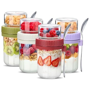 Danmu 4 Pack Overnight Oats Containers with Lids 21 oz 165DualLayer Yogurt Parfait Cups with LidsMeal Prep Containers Glass for Overnight OatsYogurtParfait Dishwasher Safe