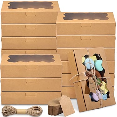 Mimorou 60 Pcs Cookie Boxes with Window 7x43x15 Inch Bakery Treat Box Kraft Paper Cupcake Container with Tag Rope for Dessert Candy Donut Muffin Wedding Baby ShowerBrown
