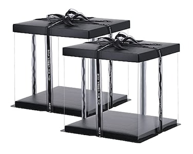XININSUN 2Pcs Large Cake PET Clear Box 10 X 10 X 9 with ribbon and prefolded lid for 8 cake packing carry baking cookie display Carry Tall Layer Gift Festive Gift Box Black