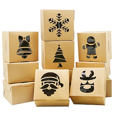ZMCINER 24 Pieces Christmas Cookie Boxes Christmas Bakery Box with Window for Pastries Cupcakes Brownies CookiesDonuts Brown Kraft Bakery Boxes 4x 4x 25