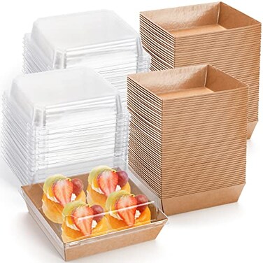 Hiceeden 100 Pack Charcuterie Boxes with Clear Lids 54525 Paper Bakery Dessert Sandwich Box Disposable Square Food Containers for Cookies Donuts Muffins Salad and Pastry Brown