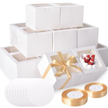 KPOSIYA 40pcs 6x6x5 inch Mini Cake Boxes with Cake Boards 20 Boxes 20 Boards 6 inch Small Cake Boxes with LidsCajas de mini pastel Bakery Boxes with Window for Christmas Thanksgiving