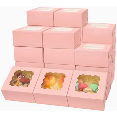 Bakepacker Pink Bakery Boxes with Window 6x6x3 inches Thick Sturdy Macaroon Pastry Boxes Cookie Boxes for Bakerys60Packs