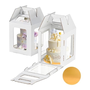 Yeplan 2 Packs Tall Cake Boxes with Cake Board10x10x12 Inches Large Tiered Cake Carriers with Clear Windows and Handle Cake Containers for Birthday Wedding Party and Festival