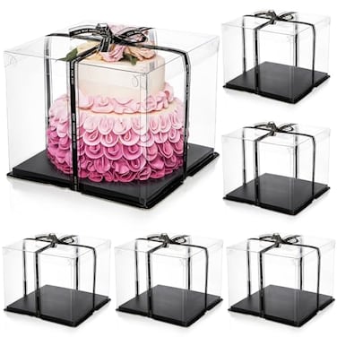 Cididu 6 Pack Large Clear Cake Box with Ribbon Tall Cake Box Carrier 12x12x10 Inch Tiered Transparent Cake Packaging Boxes with Lid and Board PET Clear Gift Containers for Birthday Wedding Party