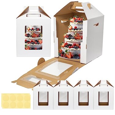 Mcfleet Tall Cake Boxes 4 Pack 10x10x12 for Tier Cakes with Window 10 Inch Disposable Large Layer Bakery Carrier with Handle Bakery Safe Transport Box for Wedding Birthday Party