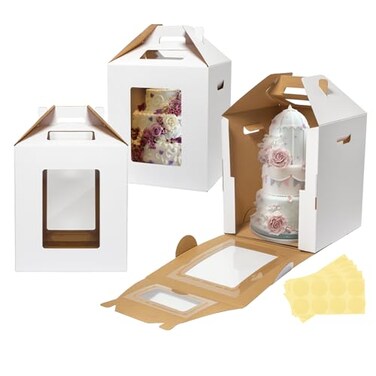 Wowxyz 3 Pack Tall Cake Boxes for Tier Cakes 10x10x12 Inch Disposable Layer Tall Cake Baking with Window Large Tierd Bakery Take Out Transport Containers with Handle for Wedding Birthday Party