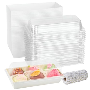 ZORRITA 50 Pack Paper Charcuterie Boxes with Clear Lids 75 Inch Small To Go Treat Containers for Desserts Cookies Sandwich Pastry Strawberries and Cupcakes White