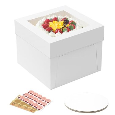 Vorfre 3 Pack Cake Boxes 10x10x8 Inches Tall Cake Box with Cake Boards White Bakery Boxes with Window Disposable Cake Containers with Lids for Cake Donuts Pies Cookies Wedding Birthday Party