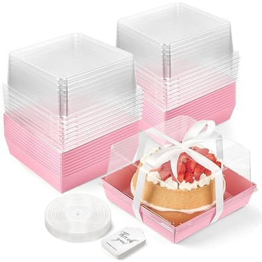 ZORRITA 7 x 7 x 4 Inches Paper Cake Boxes with Clear Lids 20 Pack Disposable Charcuterie Boxes Square Food Containers for 46 Inch Cake Dessert Pie Cupcake Bakery Pink