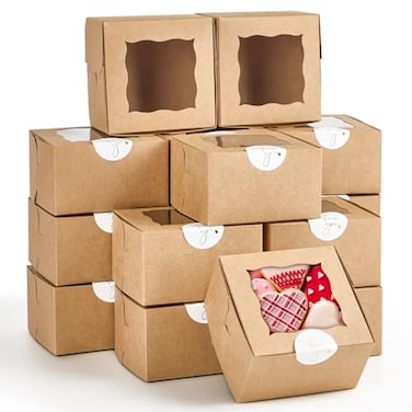 ZORRITA 24pcs Small Cookie Boxes with Window 4x4x25 Inch Kraft Bakery Boxes with Stickers Dessert Treat Containers for Pastry Mini Cake Strawberry Donut Individual Cupcake