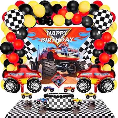 Sumind 83 Pcs Truck Birthday Decorations Set Include Truck Balloons Tablecloth Backdrop Cake Cupcake Toppers for Boys Men Birthday Party Supplies