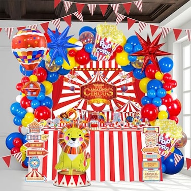 kozee Carnival Circus Theme birthday party decorations include red blue yellow balloon foil hot air popcorn balloons striped banner tablecloth Backdrop carnival road sign paper card Signboard decor
