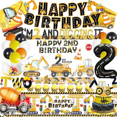 BEOXAGAR Construction Birthday Party Supplies for 2 Year Old Boy 2nd Birthday Decorations For Boys include Backdrop Cake and Cupcake Toppers Balloons Cupcakes Wrappers Banner