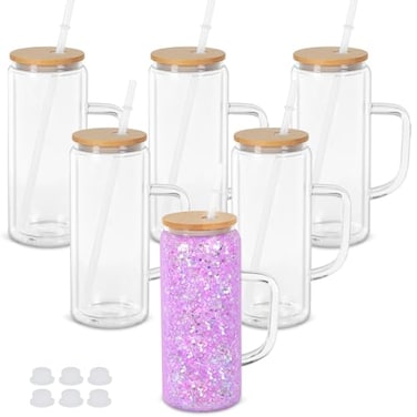 Maucircol 20 Oz Snow Globe Glass Cup With Handle 6 Pack PreDrilled Double Wall Glass Coffee Mug For Snowglobe Diy Glitter Double Wall Snow Globe Tumbler with Bamboo Lid