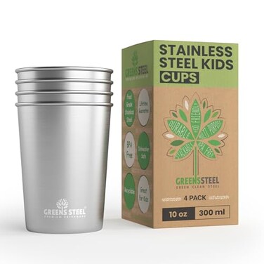 Greens Steel Stainless Steel Cups 10oz Tumbler 4 Pack Premium Metal Drinking Glasses Stackable Durable Cup 10 oz