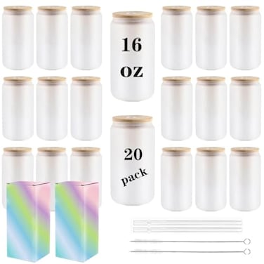 ABBSH Frosted Sublimation Glass Cups With Bamboo Lid 16oz Tumblers 20Pack Blanks Glasses Beer Can and Straws
