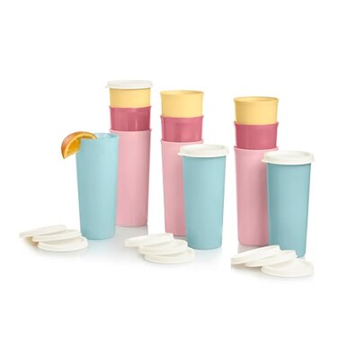 Tupperware Tumbler Set in Multicolor 12 Count Dishwasher Safe and BPA Free 12 Tumblers 12 Lids 16 fl oz each