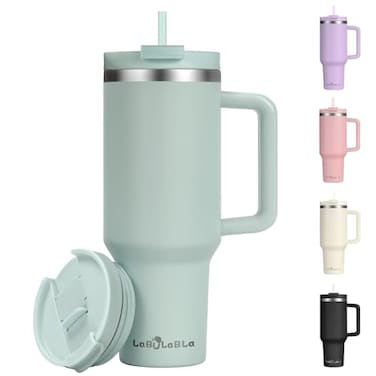 Labulabla 40oz Tumbler with HandleDouble Wall Vacuum Reusable Stainless Steel Insulated Water BottleWith Leak Proof lid and Straw for Iced or Cold Beverages Blue Haze