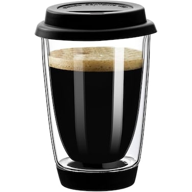 gegewawa Double Walled Glass Coffee Mugs Glass Coffee Cugs with Silicone Lid 12OZ Insulated Coffee Mug Clear Coffee Mug for TravelKitchenBlack