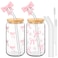 Skylety Set of 2 Coquette Bow Glass Cup 16oz Pink Glass Cup with Lids and Straws Reusable Pink Bow Silicone Straw Toppers Lids Protectors 2 Brush for Drinking Coffee Tea CocktailBow