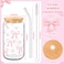 Skylety Set of 2 Coquette Bow Glass Cup 16oz Pink Glass Cup with Lids and Straws Reusable Pink Bow Silicone Straw Toppers Lids Protectors 2 Brush for Drinking Coffee Tea CocktailBow