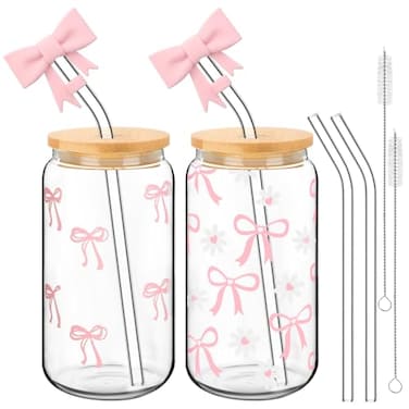 Skylety Set of 2 Coquette Bow Glass Cup 16oz Pink Glass Cup with Lids and Straws Reusable Pink Bow Silicone Straw Toppers Lids Protectors 2 Brush for Drinking Coffee Tea CocktailBow