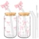 Skylety Set of 2 Coquette Bow Glass Cup 16oz Pink Glass Cup with Lids and Straws Reusable Pink Bow Silicone Straw Toppers Lids Protectors 2 Brush for Drinking Coffee Tea CocktailBow