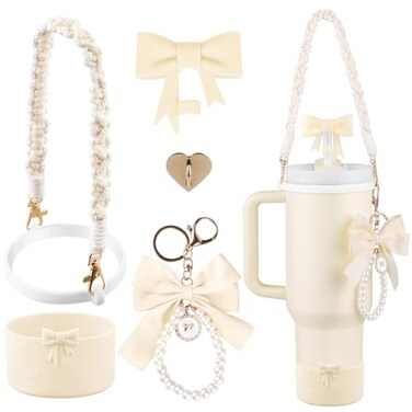 RONGFY Stanley Cup Accessories Set for 40oz 30oz04in Silicone Straw Cover Cute CharmHandle StrapCup RingPlush PendantStanley BootHeart Buttons for Tumbler White