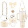 RONGFY Stanley Cup Accessories Set for 40oz 30oz04in Silicone Straw Cover Cute CharmHandle StrapCup RingPlush PendantStanley BootHeart Buttons for Tumbler White