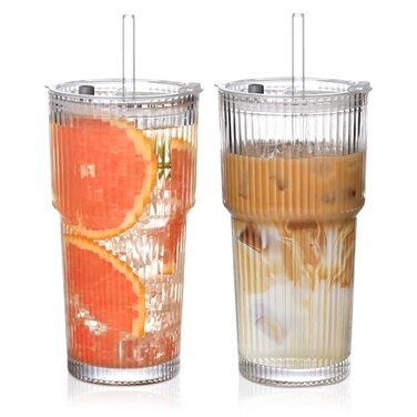 AUFXKOO 20oz Ribbed Glass Cups with Lids and Straws2PCS Glass Tumbler with Straw and LidIced Coffee Cups Drinking Glasses for Juice Whiskey Cocktail Beer