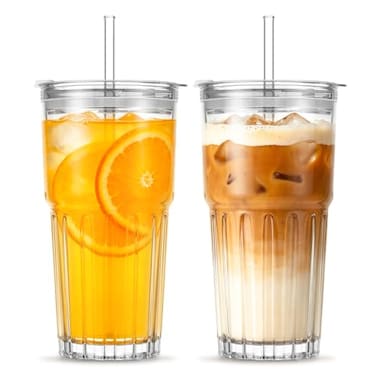 INSETLAN 20oz Clear Glass Cups Tumbler Set with Lids Straws 2Pack Reusable Drinking Cups for Iced Coffee Smoothies Tea Juice LeakProof SpillProof Ideal for Home and Outdoor Use